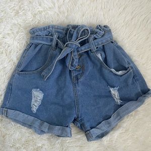 High waisted paper bag mock jean shorts